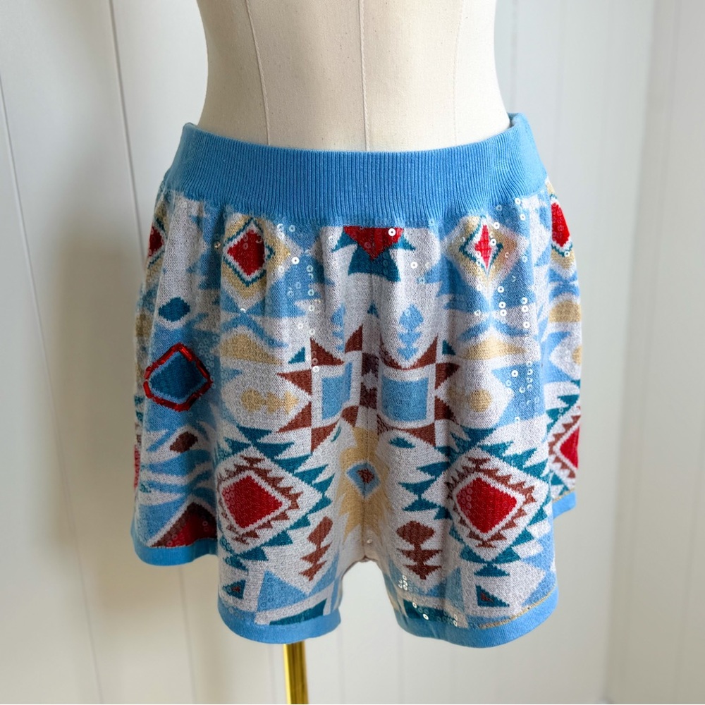 NEW Queen Of Sparkles-Blue Multi Sequin Aztec Print Knit Short